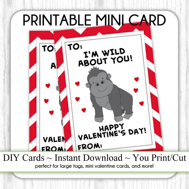 Gorilla Valentine’s Day Printable Cards, Diy, You Print